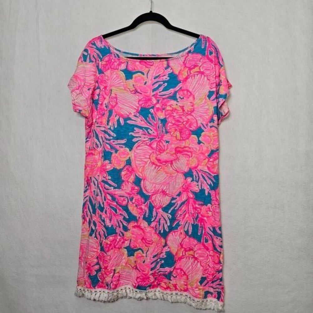 Lilly Pulitzer Neon Pink Coral Floral Print Fringe Hem Mini T-Shirt Dress Small